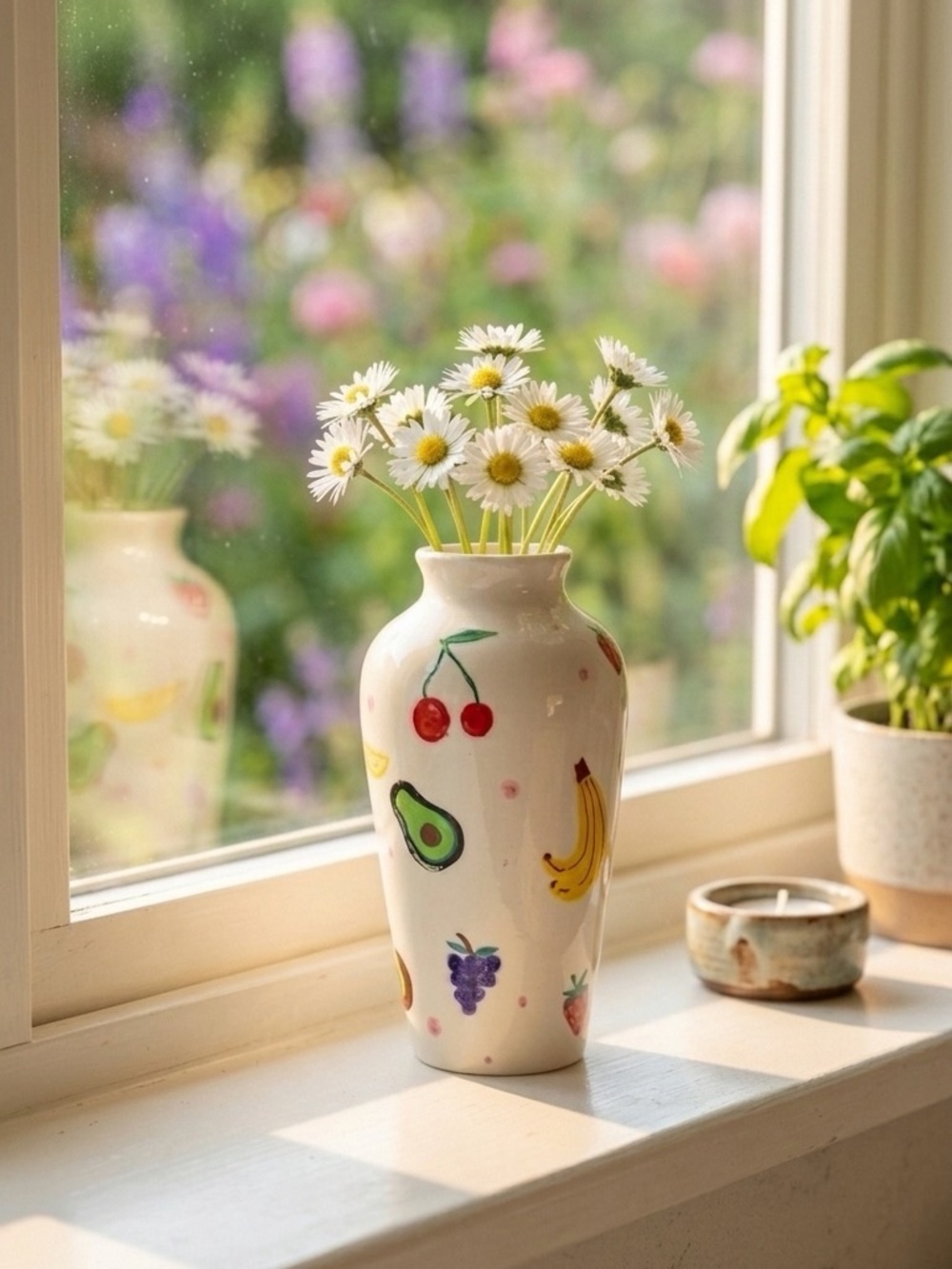 Hand Painted Fruit Vase White Ceramic Whimsical Cottagecore Kitchen Decor 6"